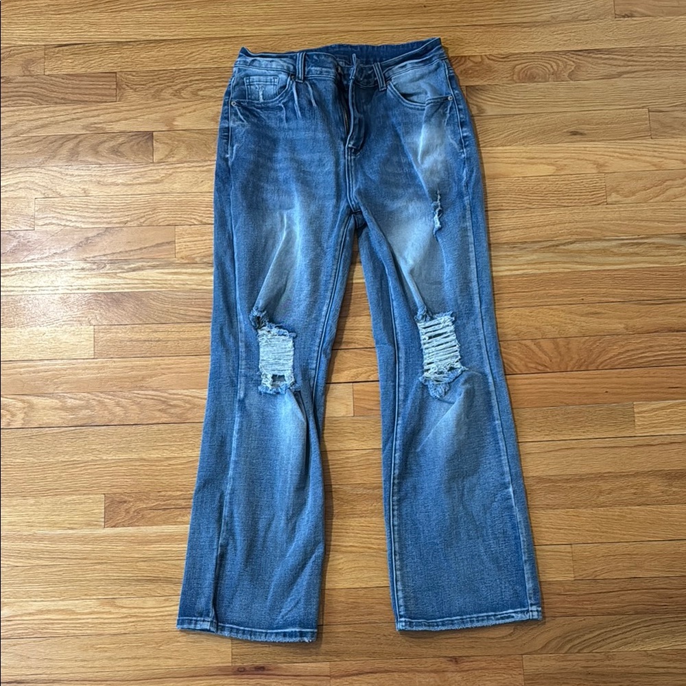 Blue Straight Leg Jeans with Distressed Details